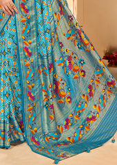 Turqoise Blue Cotton Silk Ikkat Print Saree-3846