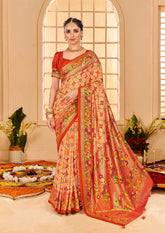 Pastel Orange Cotton Silk Ikkat Print Saree