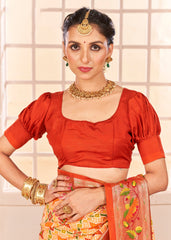 Pastel Orange Cotton Silk Ikkat Print Saree