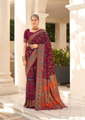 Shop Elegant Wine Berry Velvet Tussar Silk Floral Print Saree