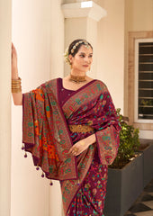 Shop Elegant Wine Berry Velvet Tussar Silk Floral Print Saree