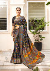 Black Velvet Tussar Silk Floral Print Saree