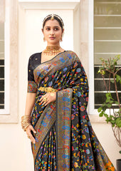 Black Velvet Tussar Silk Floral Print Saree