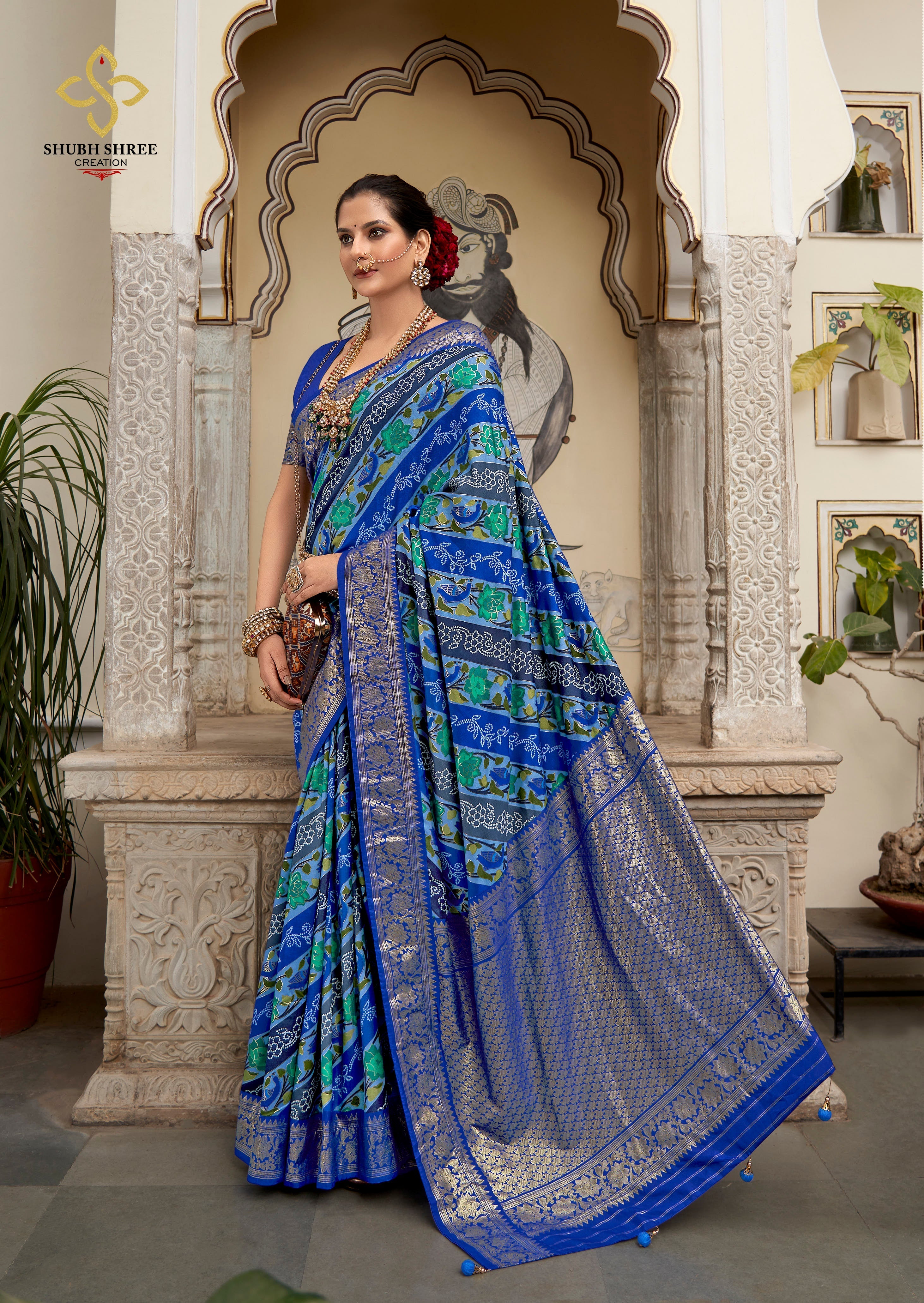 Shop Elegant Blue Velvet Tussar Silk Floral Print Saree