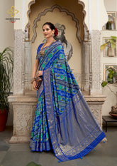 Shop Elegant Blue Velvet Tussar Silk Floral Print Saree