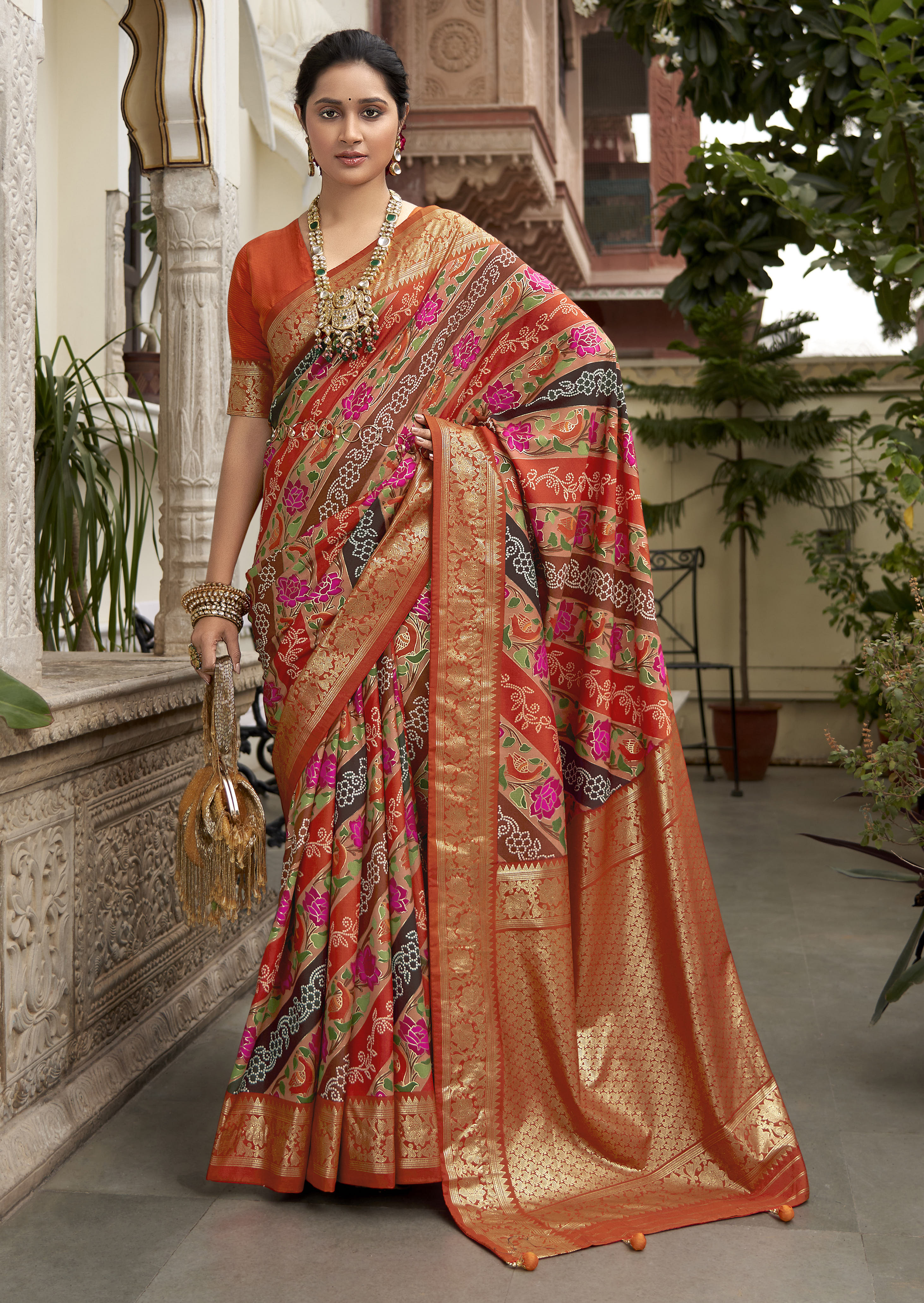 Orange Velvet Tussar Silk Floral Print Saree