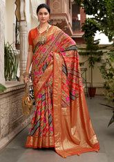 Orange Velvet Tussar Silk Floral Print Saree