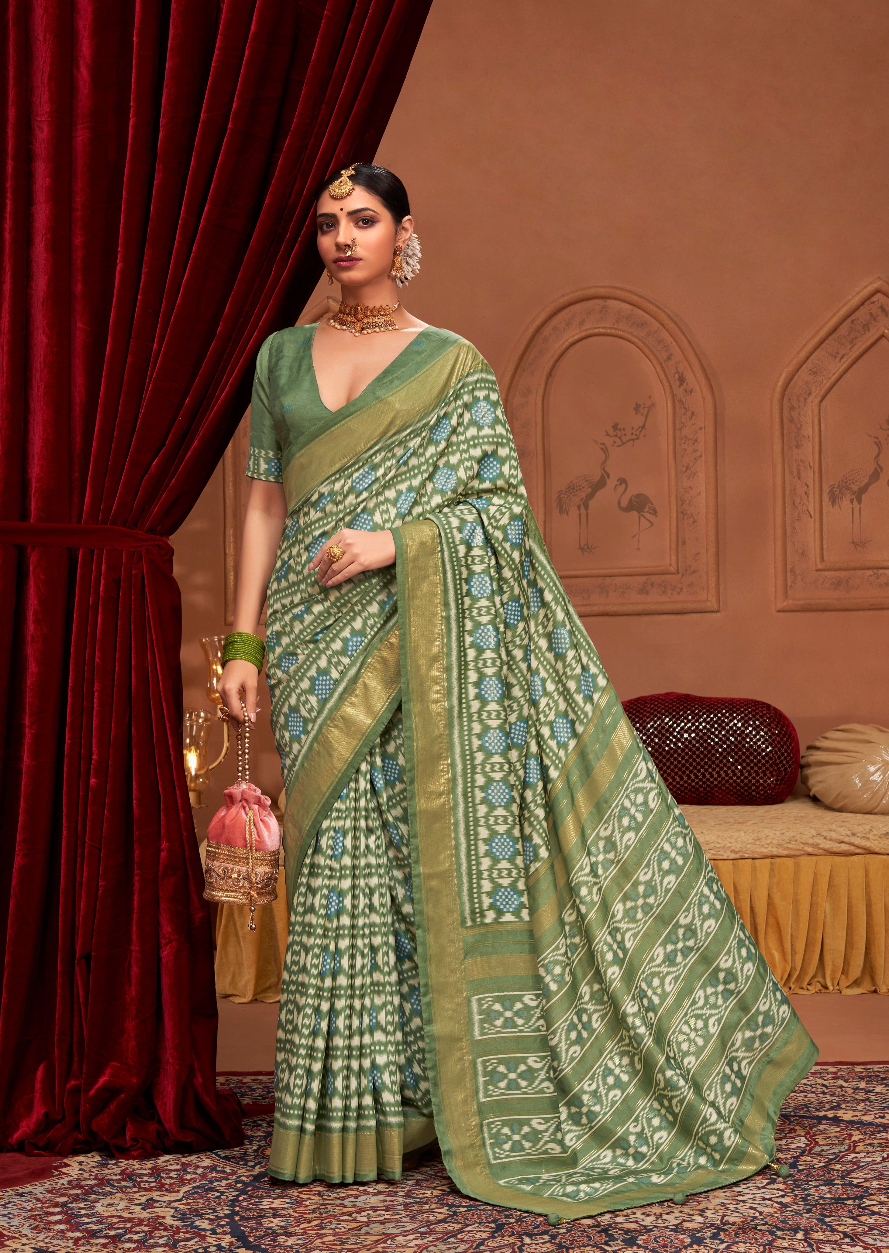 Shop Elegant Glade Green  Ikkat Print Saree