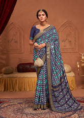 Shop Elegant Dark Blue Ikkat Print Saree
