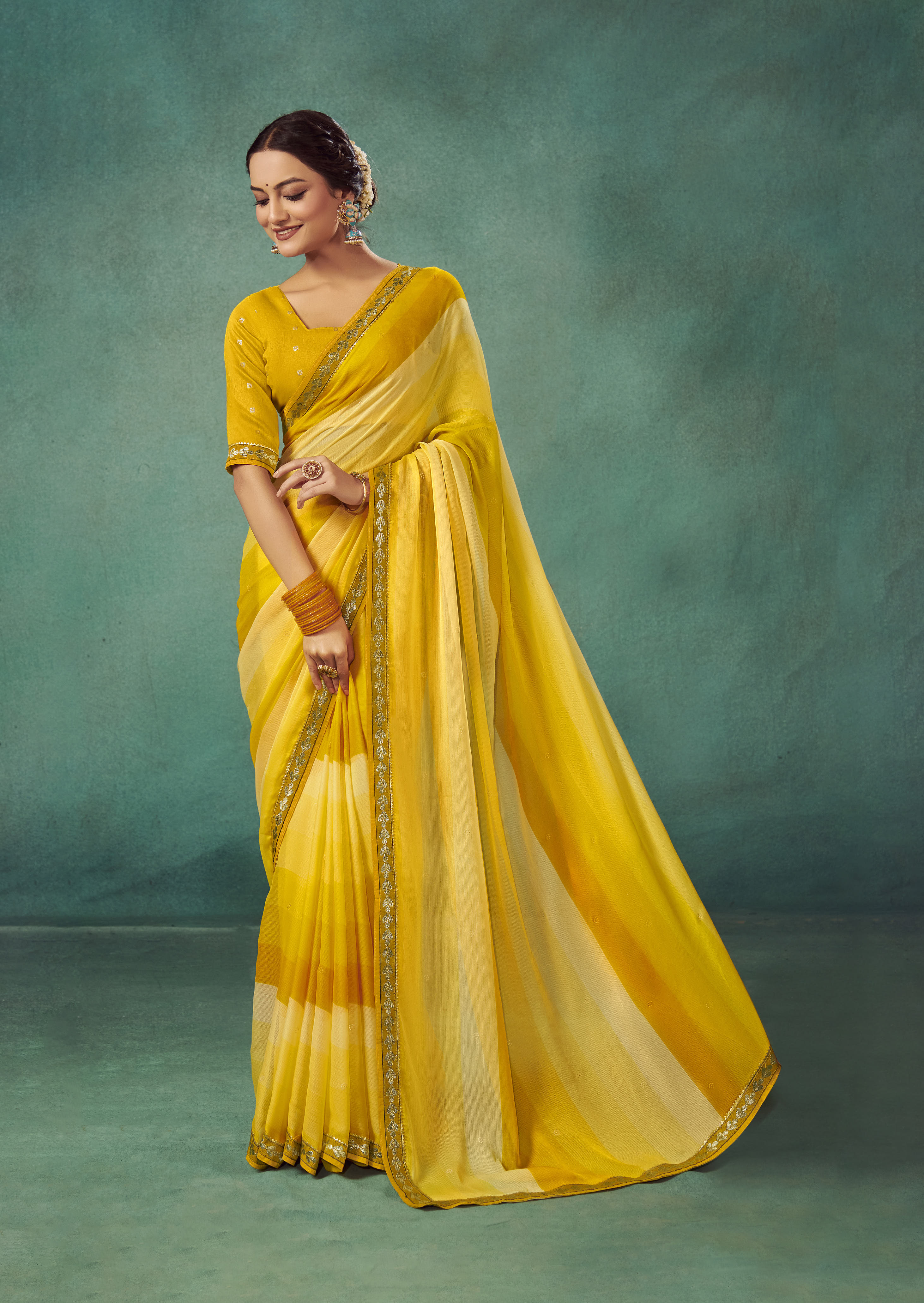 Shop Elegant Yellow Ochre Chiffon Solid Saree
