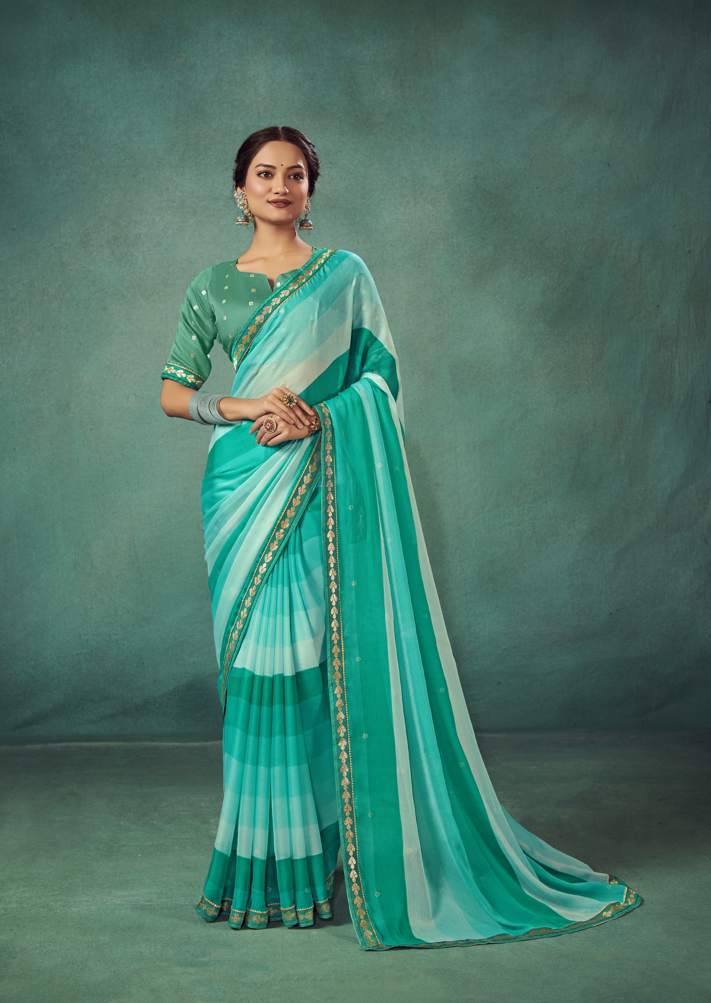 Shop Elegant Fountain Blue Chiffon Solid Saree