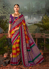 Exquisite MultiColored Tussar Silk Saree with Intricate Block Prints