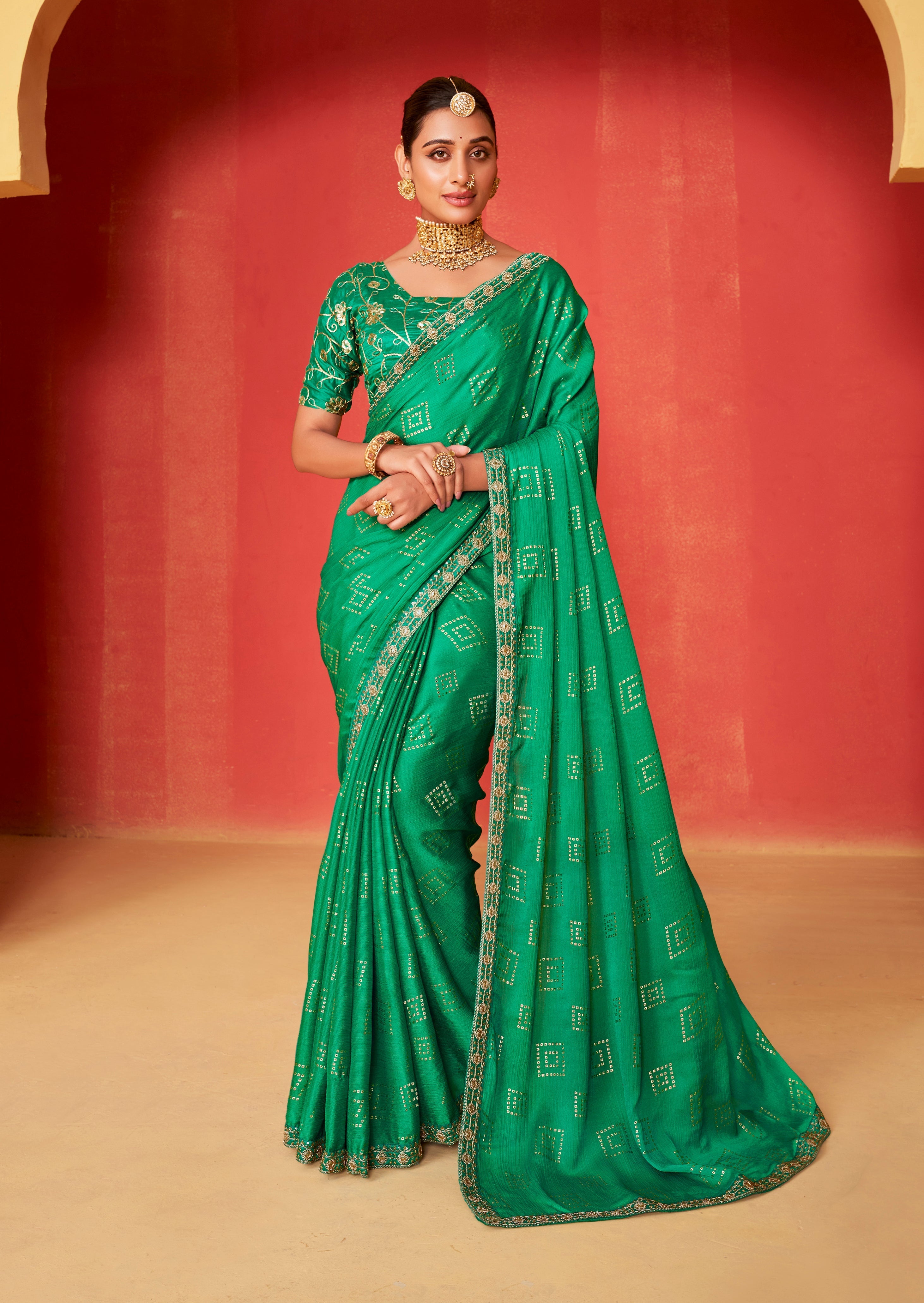 Elegant Green Chiffon Foil Print Saree