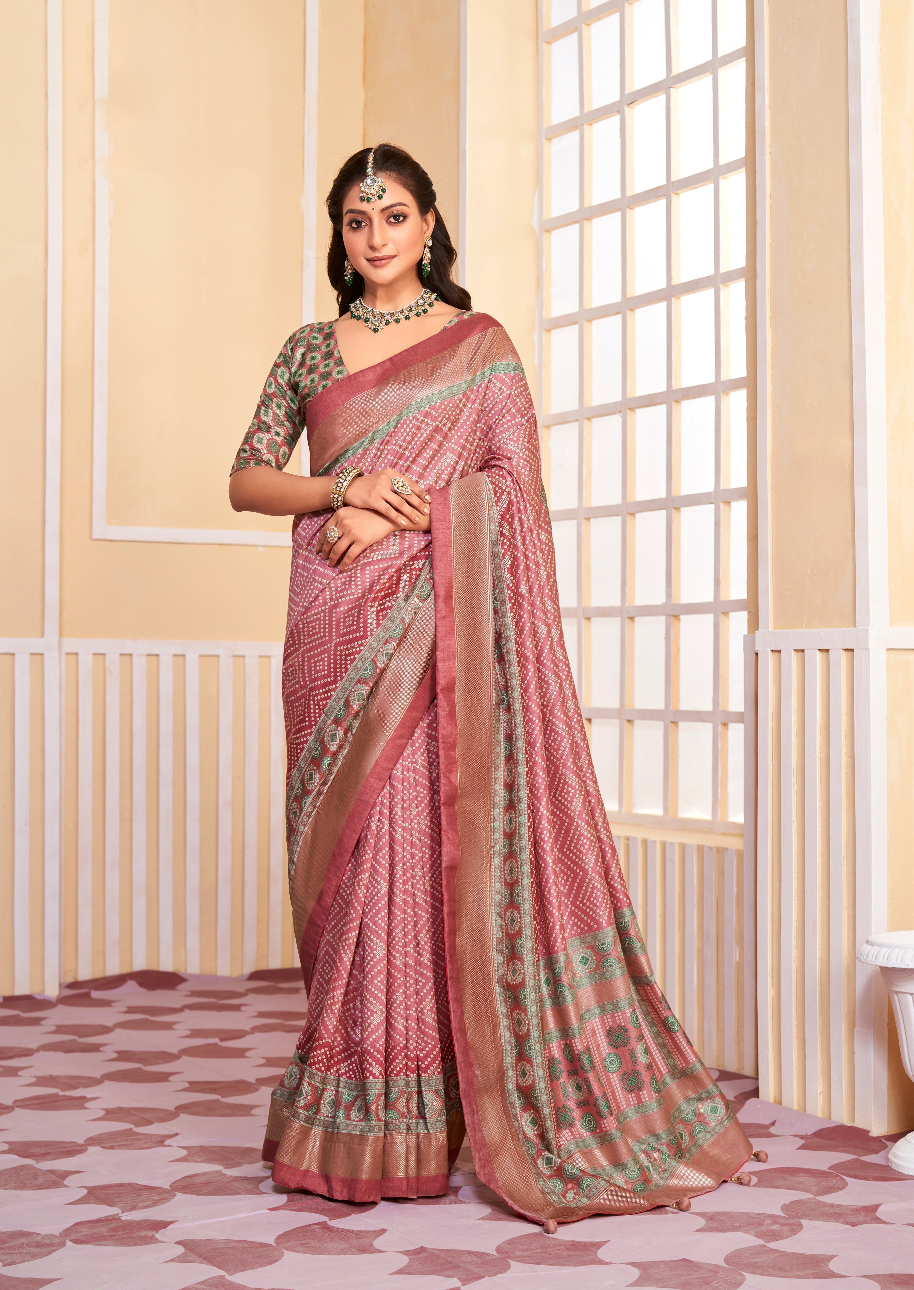 Pink Tussar Silk Bandhani Saree
