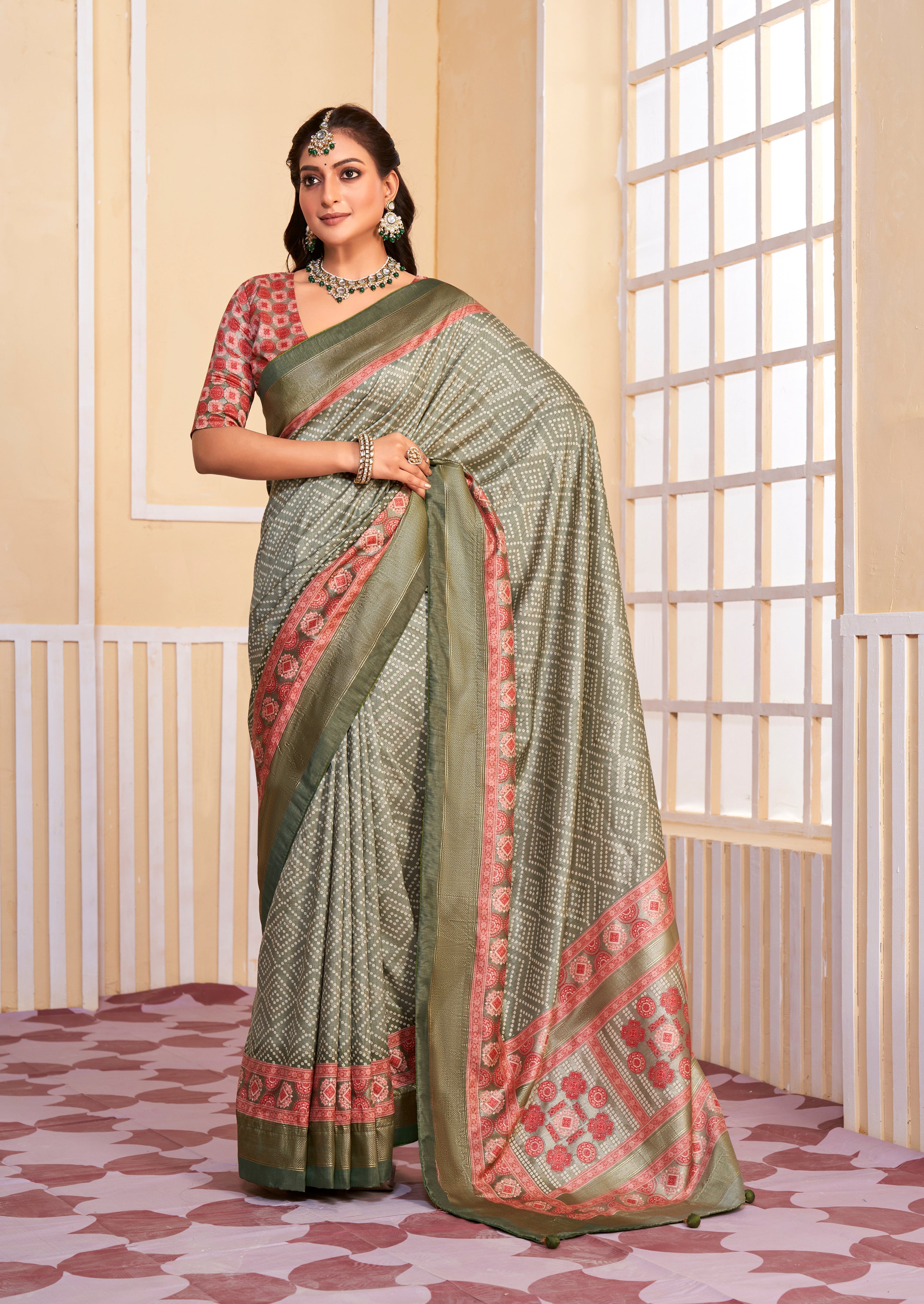 Grey Tussar Silk Bandhani Saree