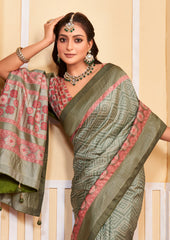 Grey Tussar Silk Bandhani Saree