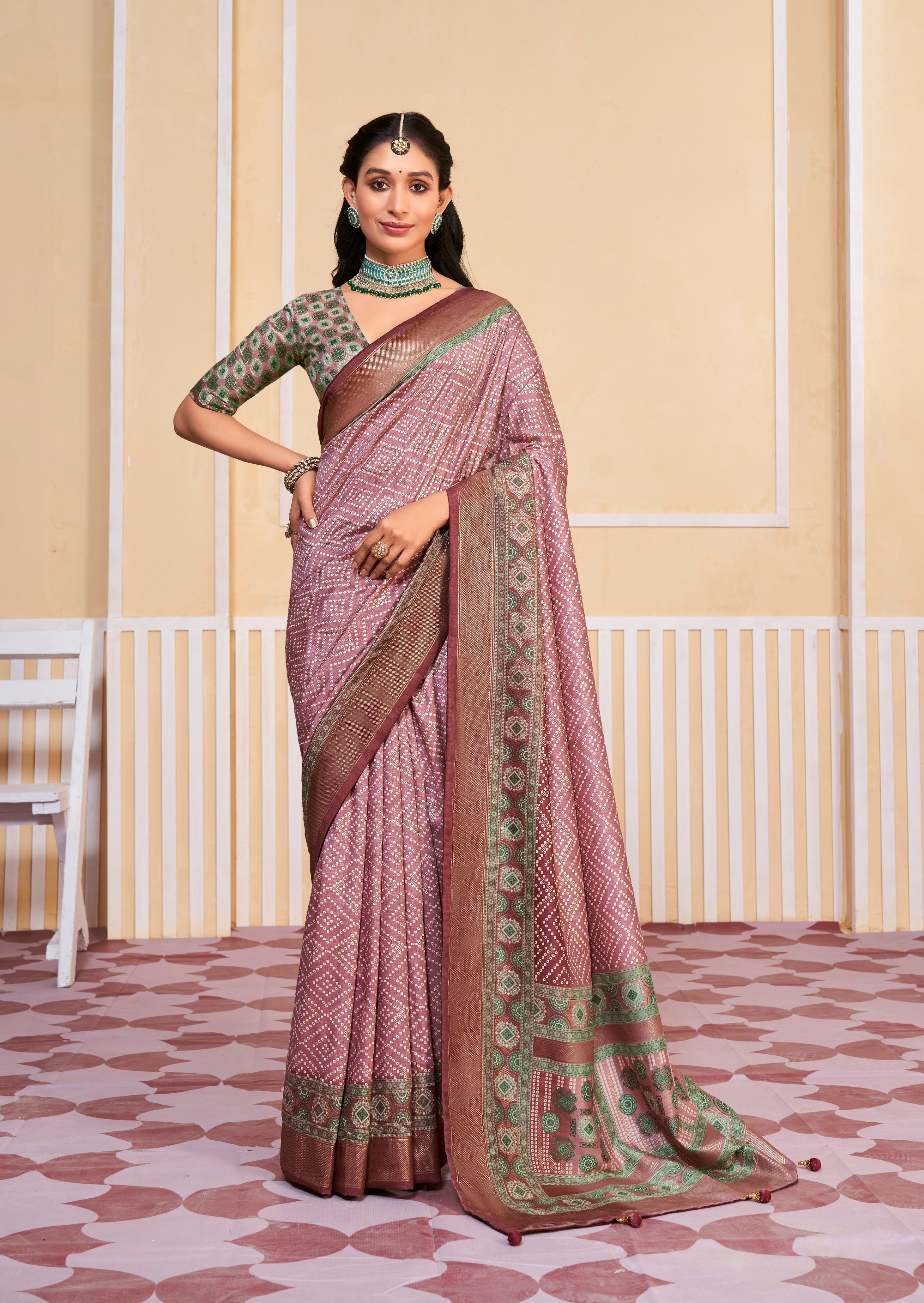 Exquisite Pink Tussar Silk Bandhani Saree