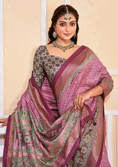 Exquisite Pink Tussar Silk Bandhani Saree