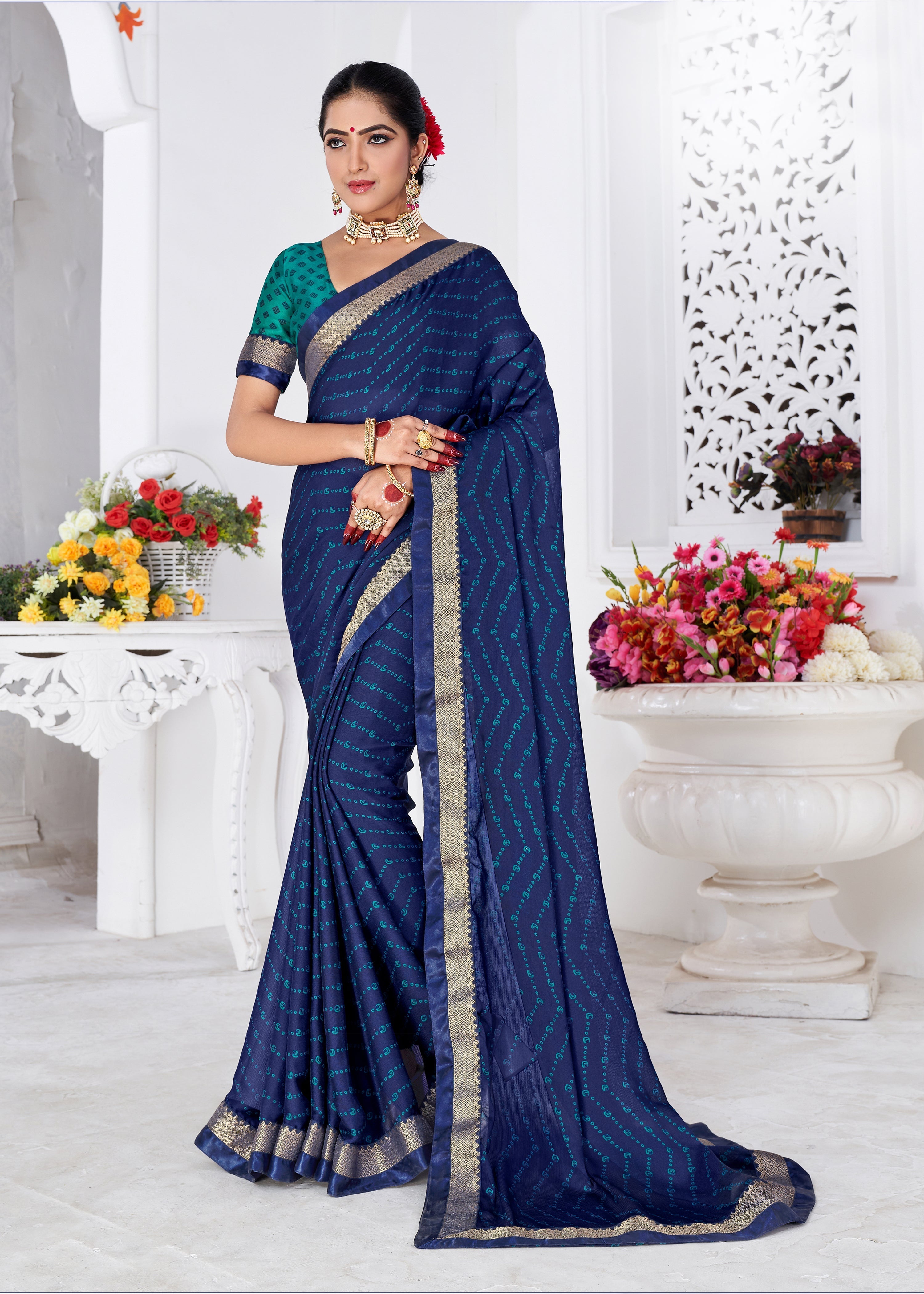 Elegant Blue Chiffon Bandhani Print Saree