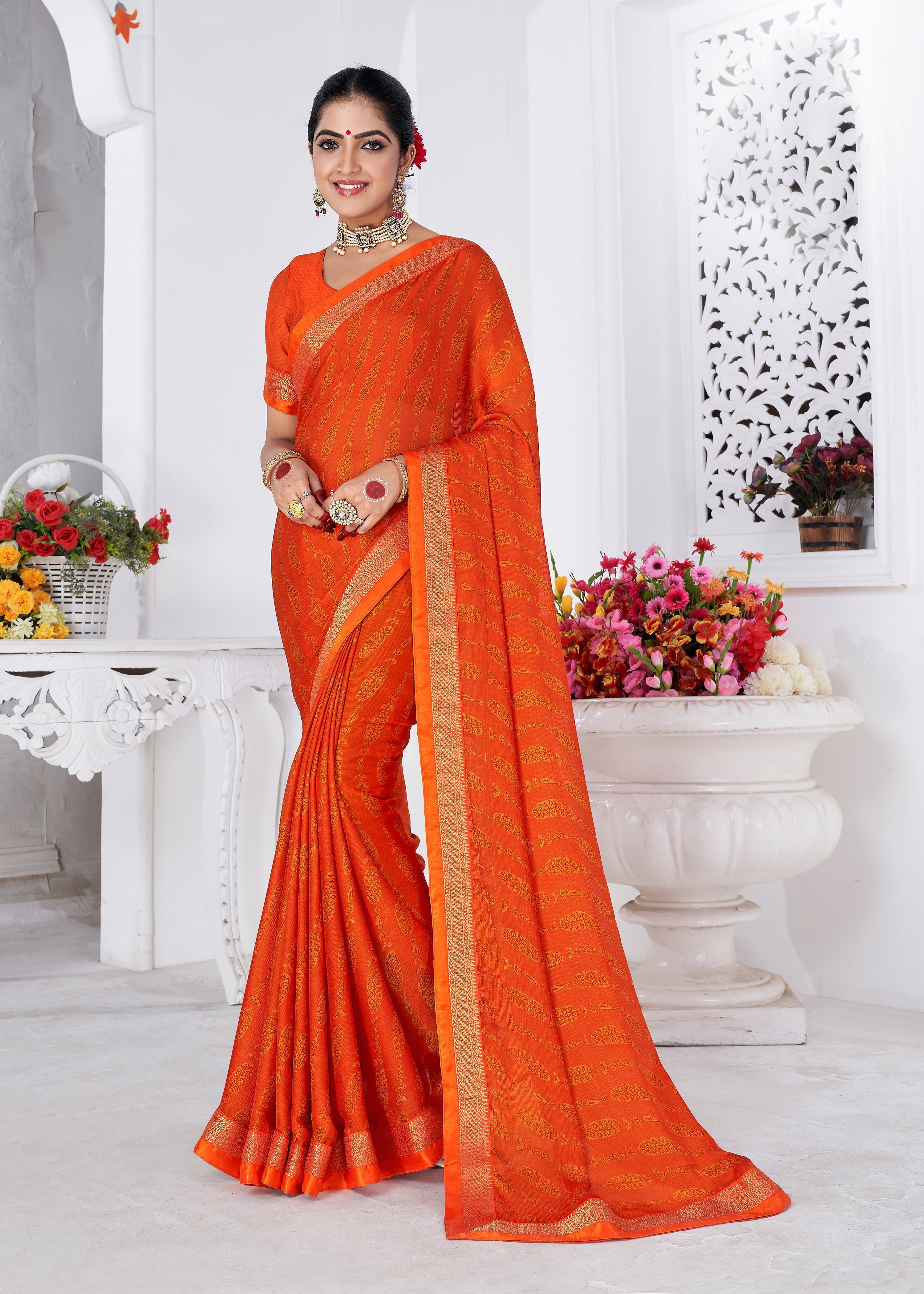 Elegant Orange Chiffon Bandhani Saree