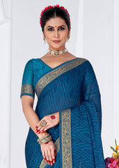 Shop Elegant Blue Chiffon Bandhani Print Saree