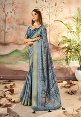 Exquisite Grey Dola Silk Saree with Elegant Paisley Print
