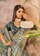 Exquisite Grey Dola Silk Saree with Elegant Paisley Print