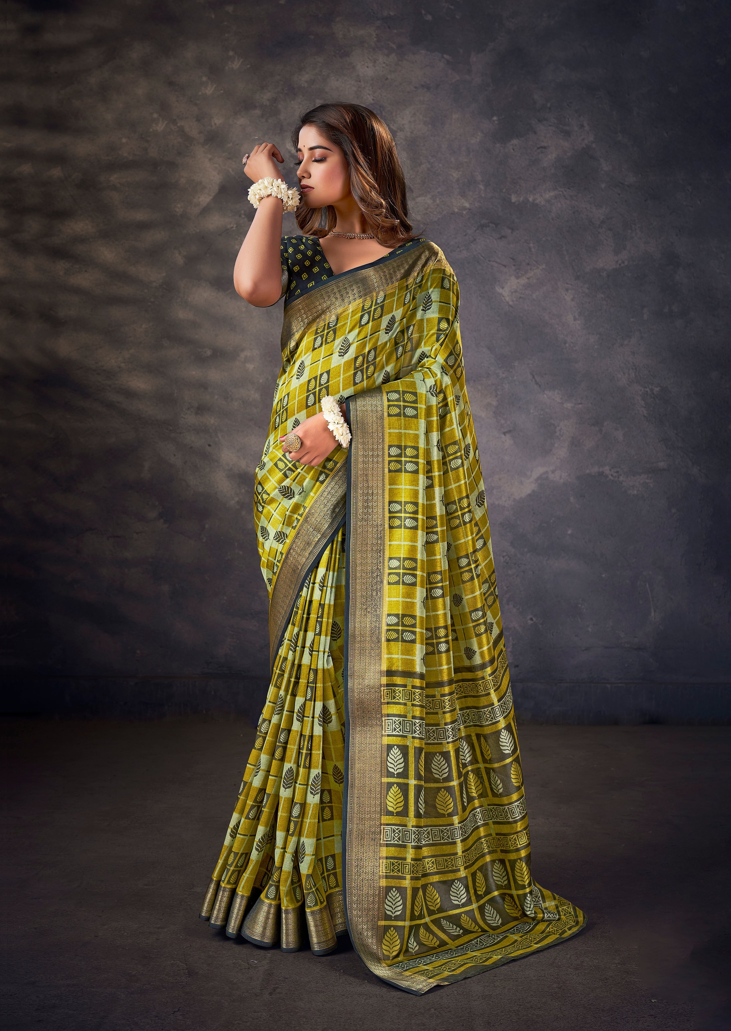 Elegant Green Silk Block Print Saree
