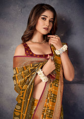 Luxurious Yellow Silk  Intricate Block Print Saree