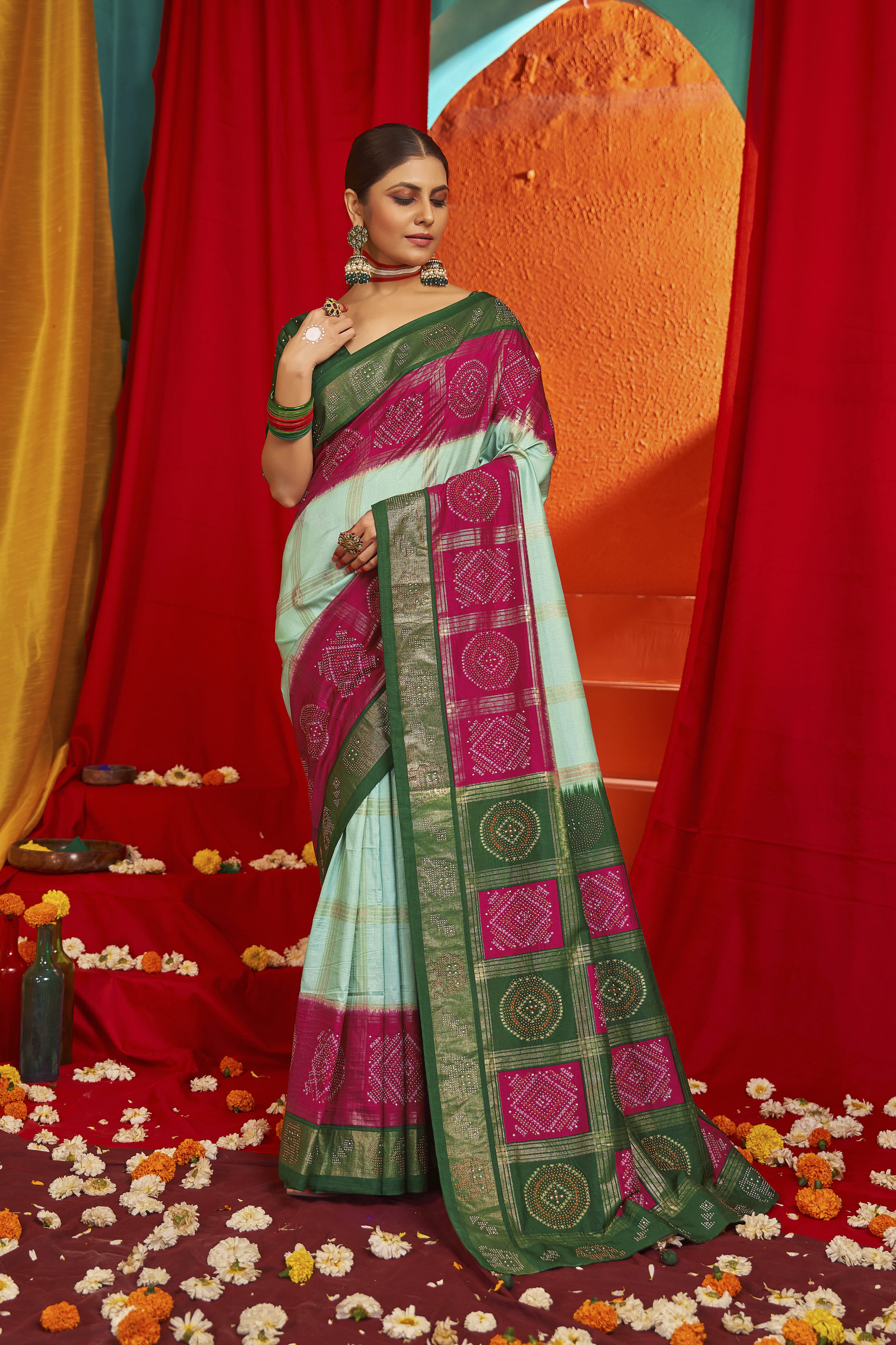 Sky Blue Tussar Silk Saree with Swarovski Embellishments