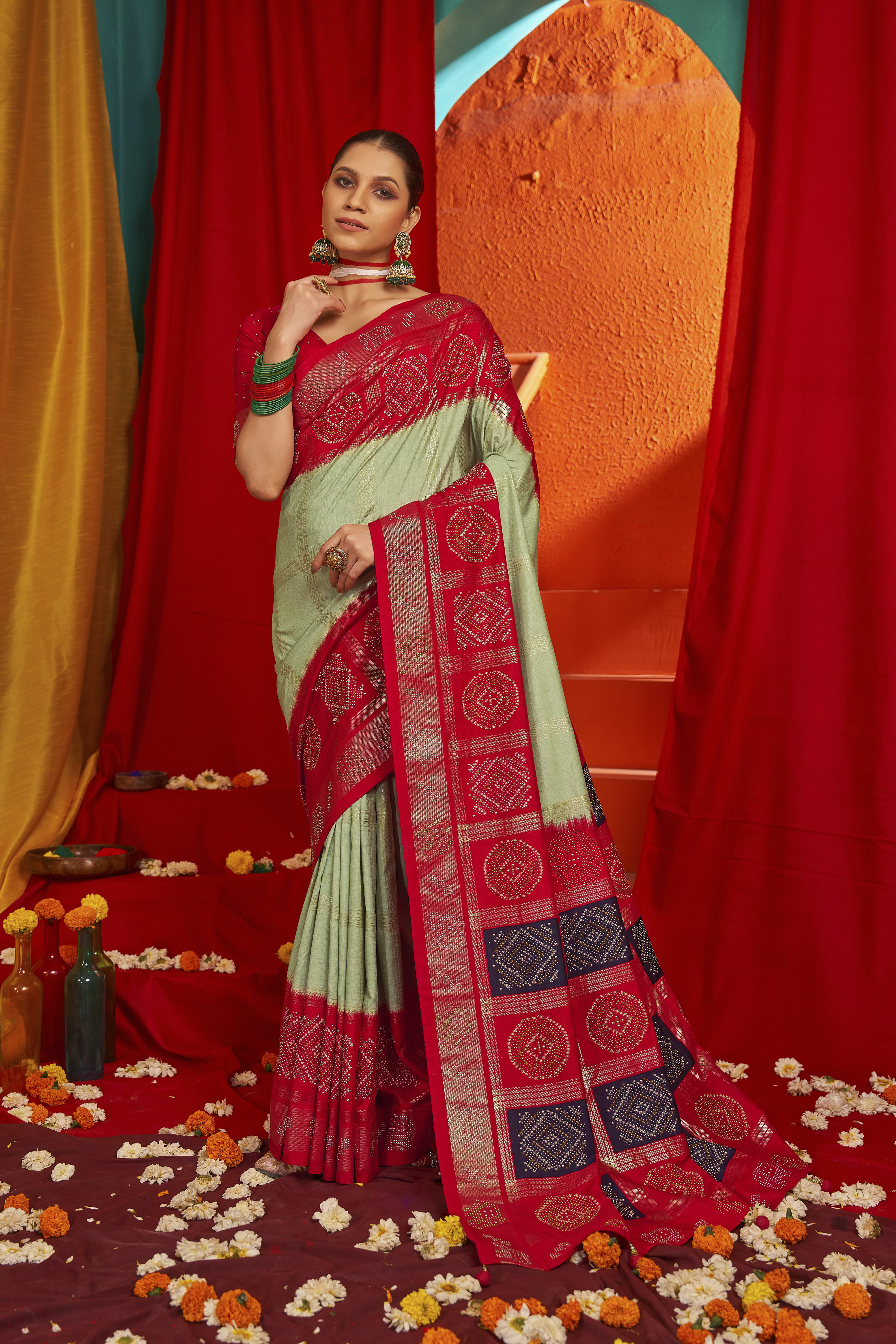 Luxurious Green Tussar Silk Saree with Swarovski Crystals