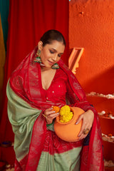 Luxurious Green Tussar Silk Saree with Swarovski Crystals