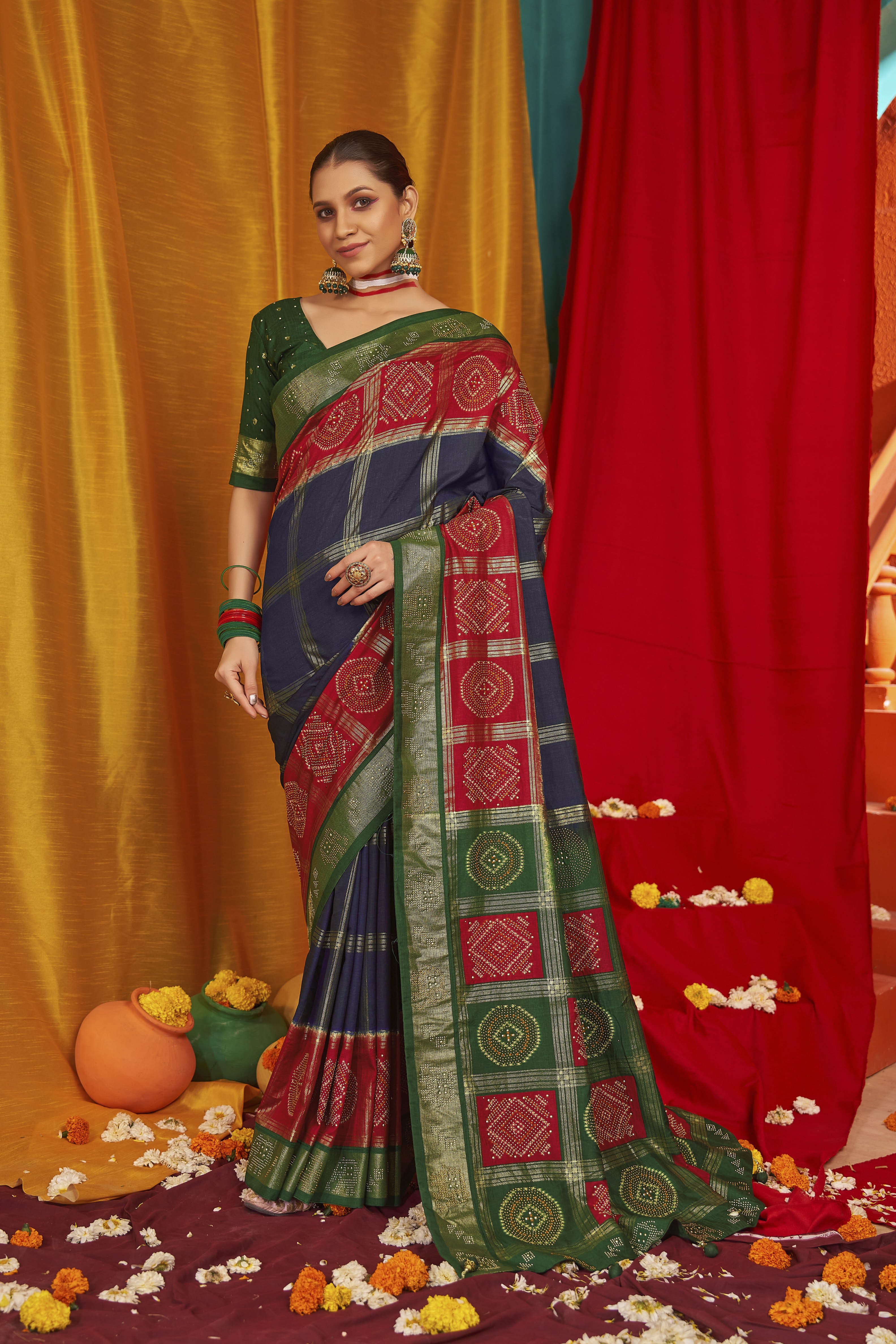 Navy Blue Tussar Silk Saree with Swarovski Crystals