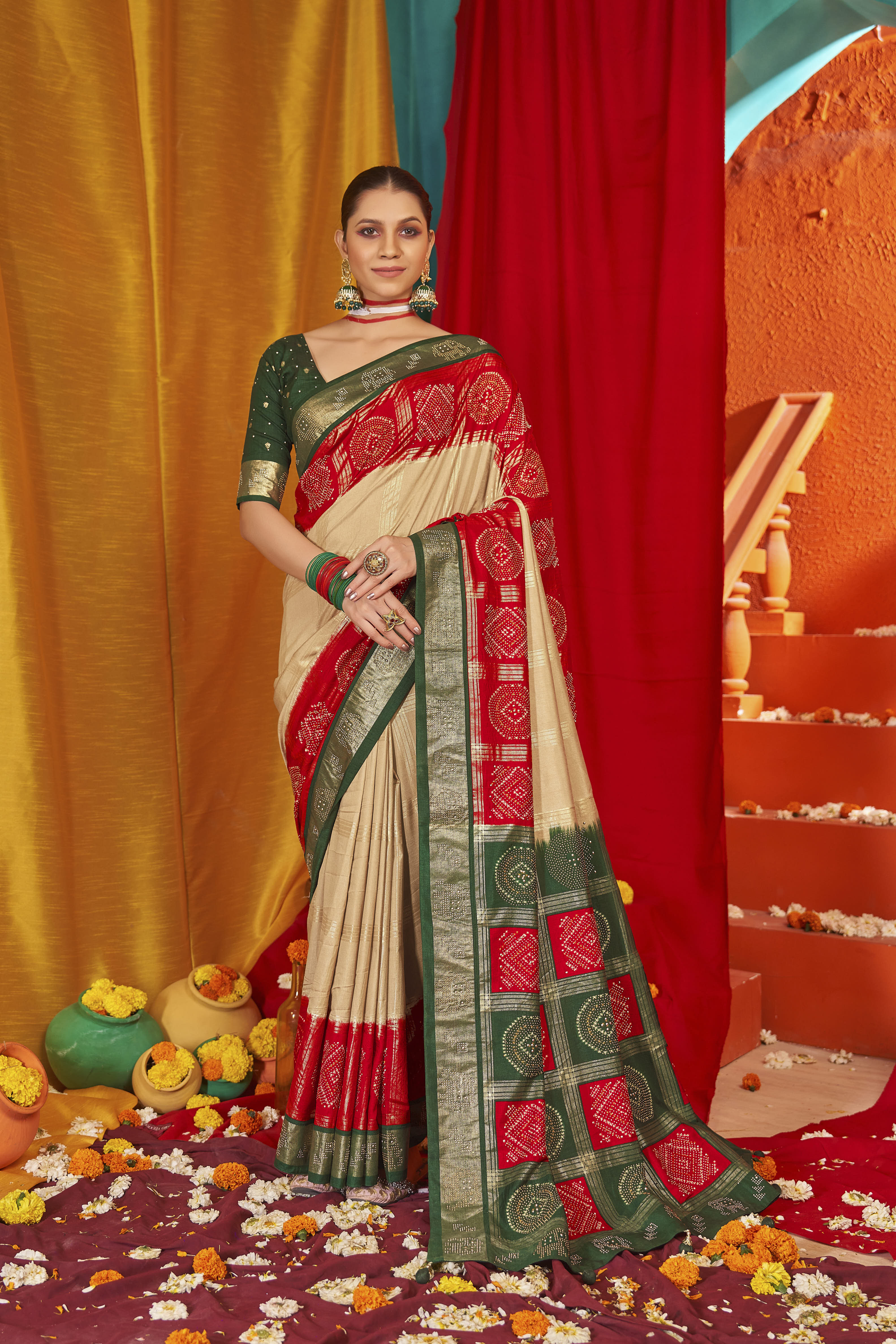 Beige Tussar Silk Swarovski Saree