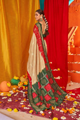 Beige Tussar Silk Swarovski Saree