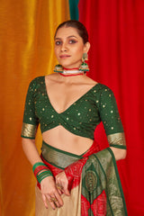 Beige Tussar Silk Swarovski Saree