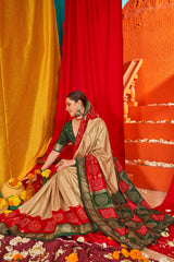 Beige Tussar Silk Swarovski Saree