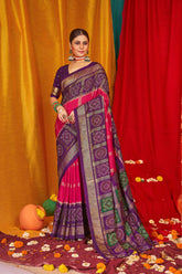 Luxurious Tussar Silk Saree with Swarovski Crystals in Vibrant Pink