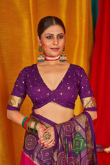 Luxurious Tussar Silk Saree with Swarovski Crystals in Vibrant Pink