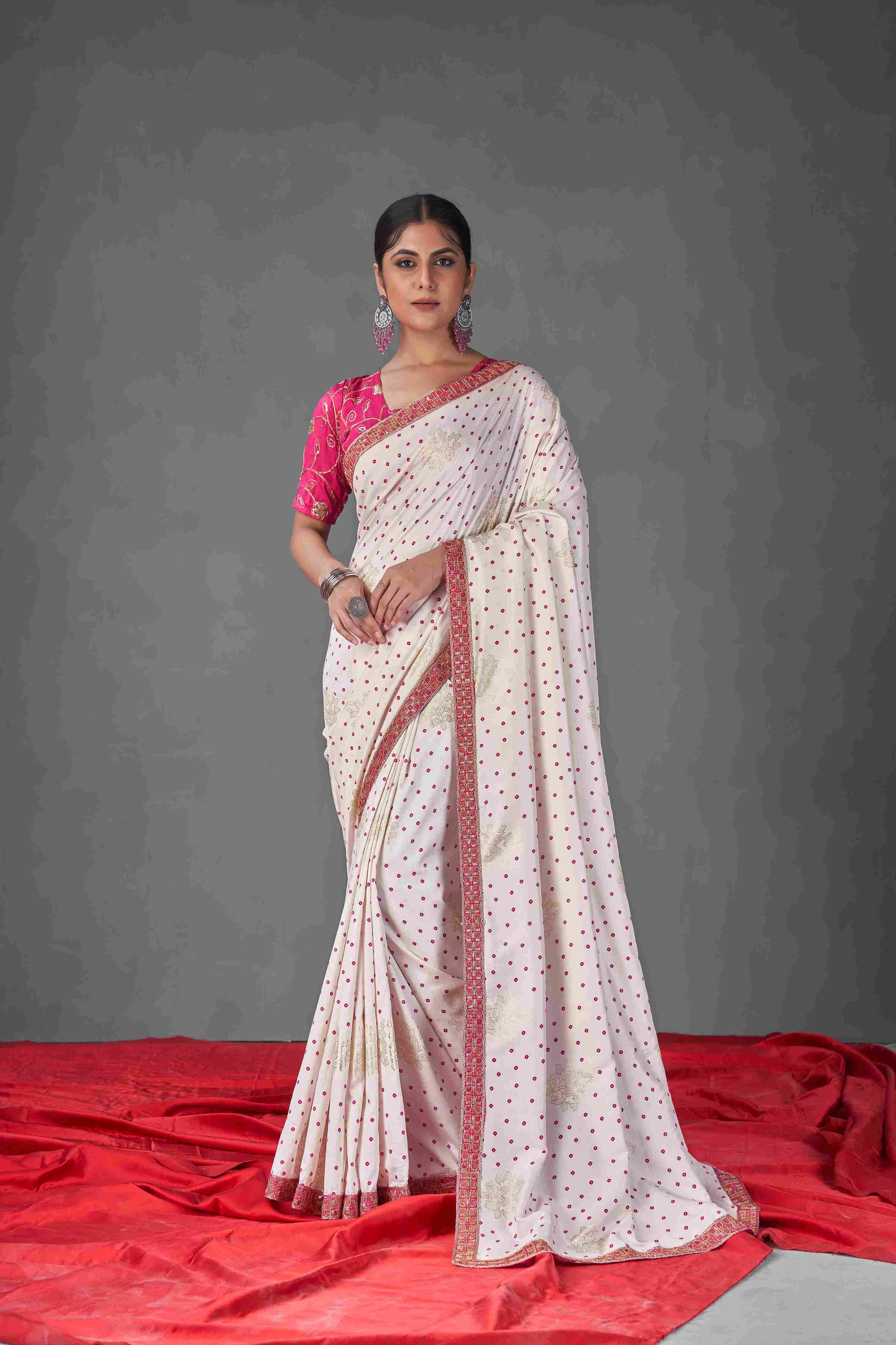 Exquisite White Tussar Silk Bandhani Saree