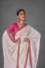 Exquisite White Tussar Silk Bandhani Saree