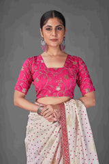 Exquisite White Tussar Silk Bandhani Saree