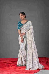 Exquisite White Tussar Silk Bandhani Saree