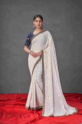 Exquisite White Tussar Silk Bandhani Saree