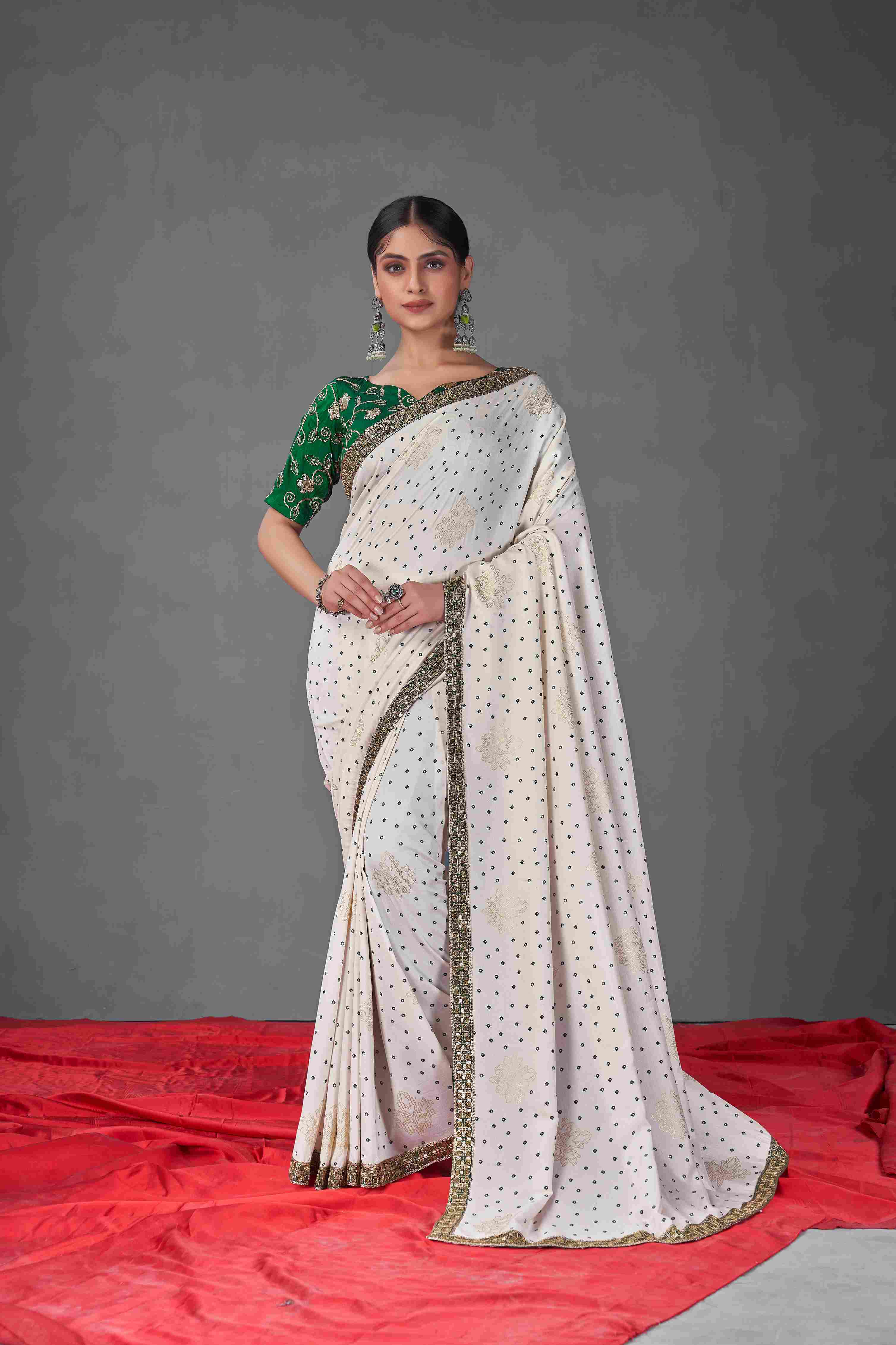 Exquisite White Tussar Silk Bandhani Saree