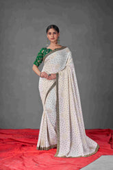 Exquisite White Tussar Silk Bandhani Saree