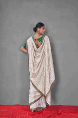 Exquisite White Tussar Silk Bandhani Saree