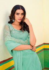 Teal Green Georgette Zari Embroidery Saree-4278