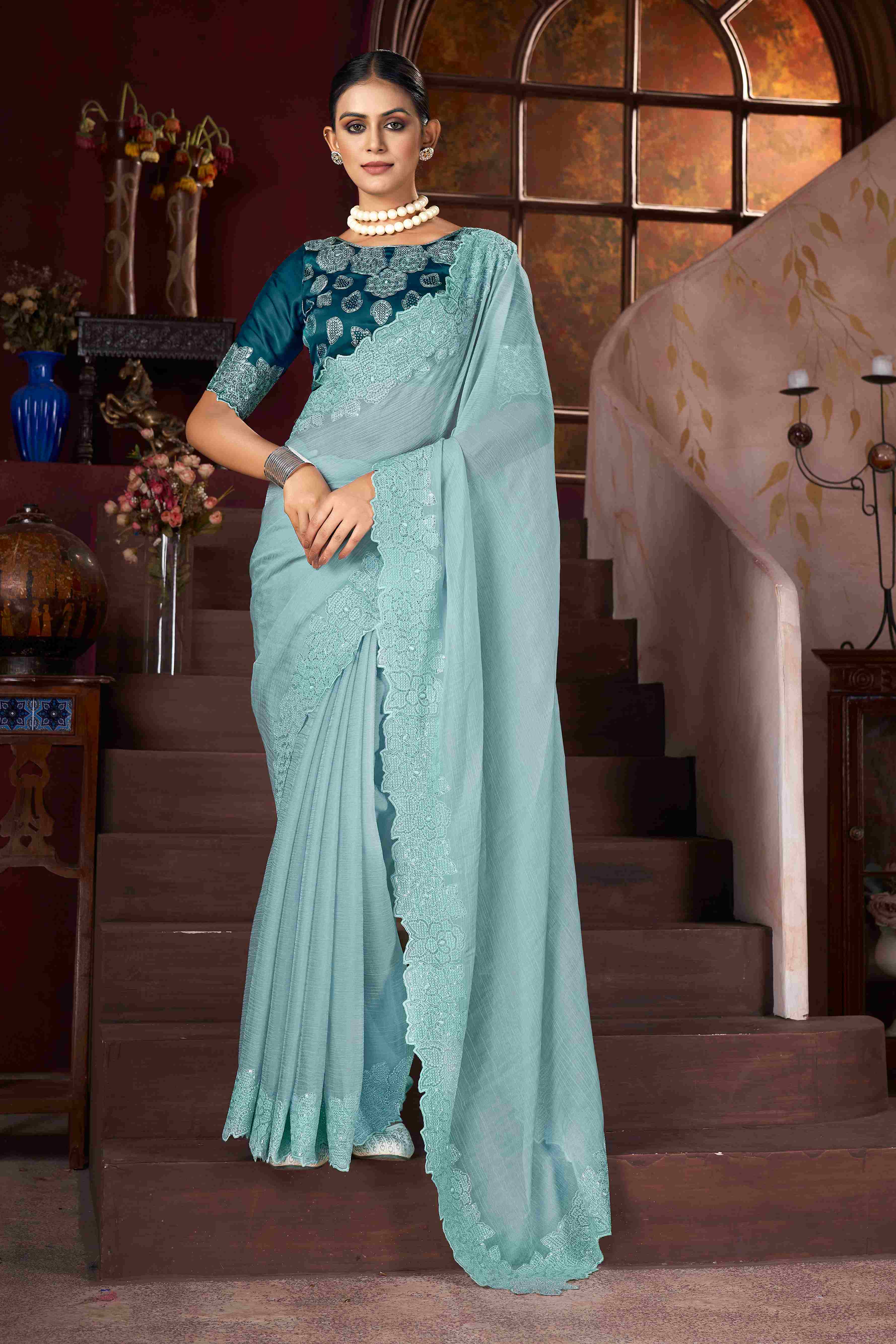 Exquisite Blue Embroidery Saree