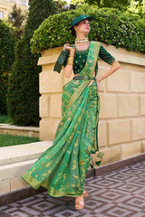 Elevate Elegance with Our Green Jacquard Woven Saree
